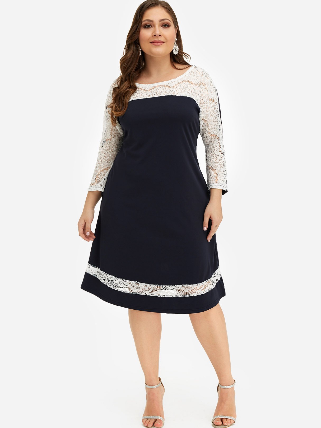 Wholesale Round Neck Plain Lace Long Sleeve Plus Size Dress