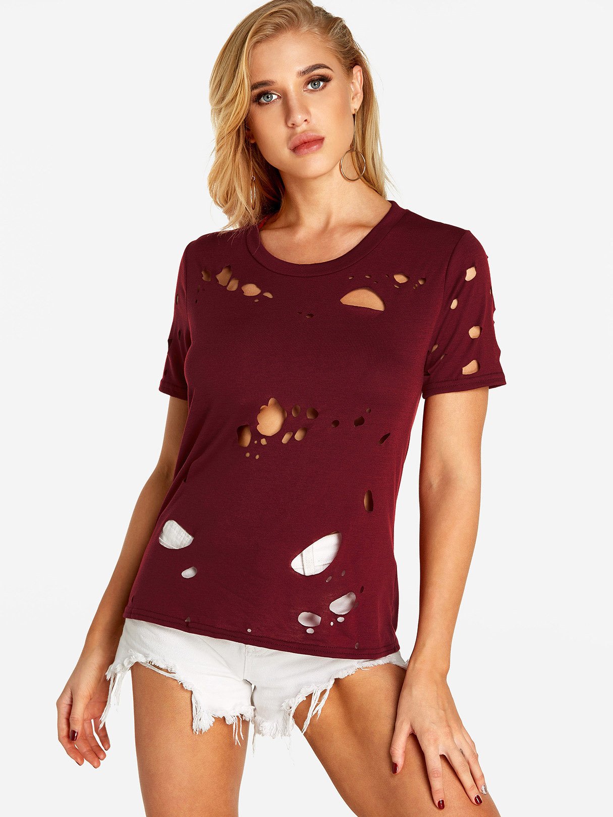 Wholesale Crew Neck Plain Random Ripped Cut Out Short Sleeve Red T-Shirts