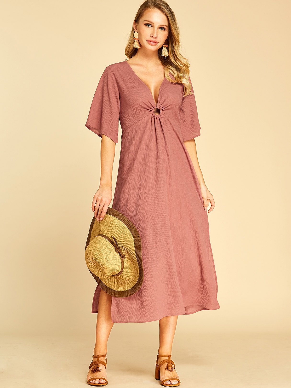 Wholesale Red Deep V Neck Short Sleeve Plain Hollow Pleated Slit Dresses