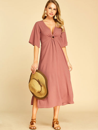 Wholesale Red Deep V Neck Short Sleeve Plain Hollow Pleated Slit Dresses