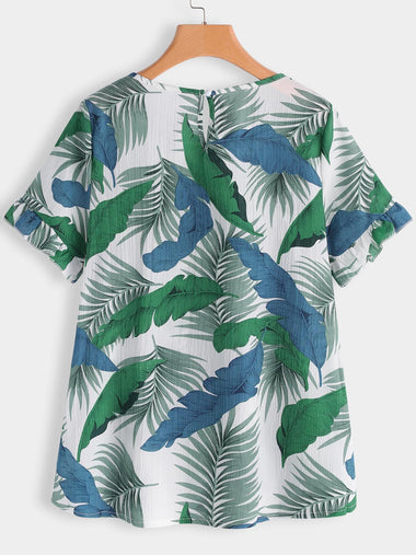 Wholesale Round Neck Floral Print Cut Out Ruffle Trim Short Sleeve Plus Size Tops