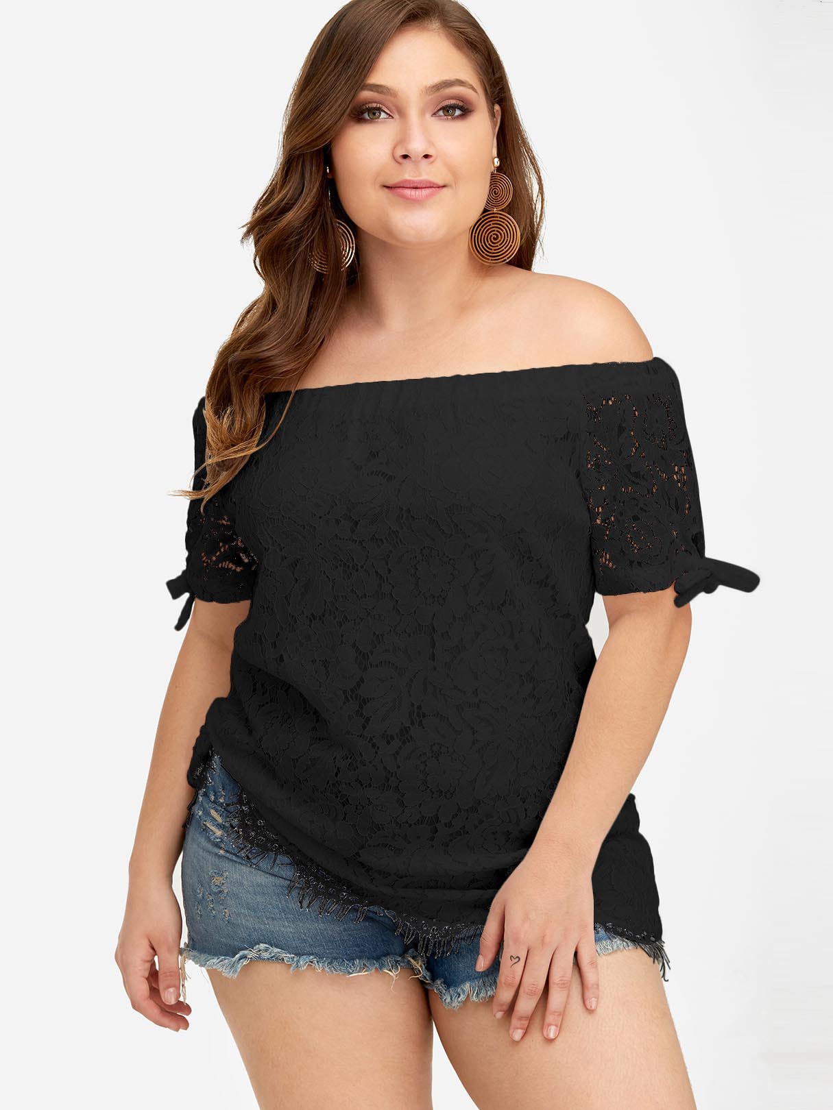 Wholesale Off The Shoulder Plain Lace Short Sleeve Irregular Hem Black Plus Size Tops