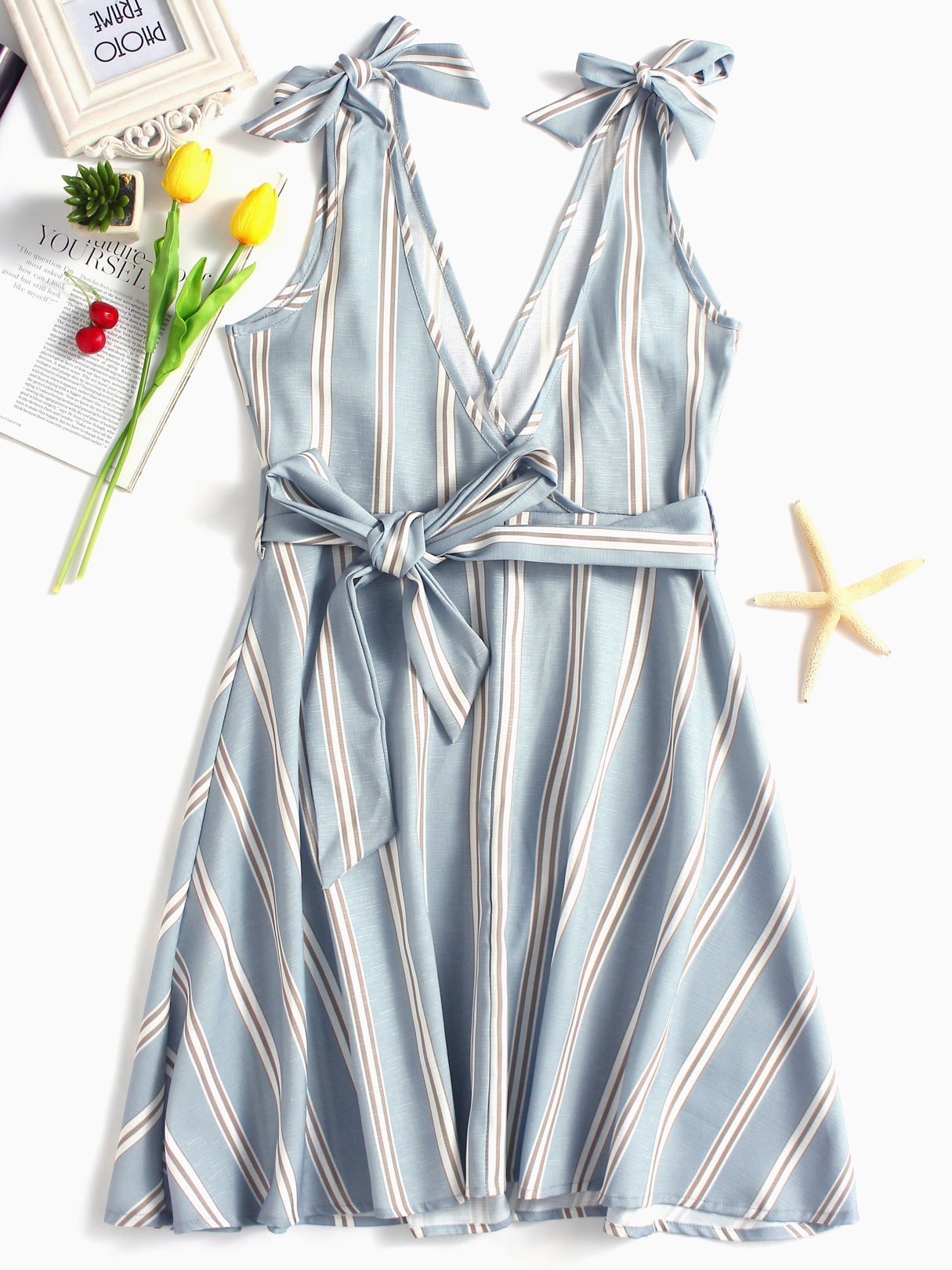 Wholesale Blue V-Neck Stripe Lace-Up Belt Wrap Sexy Dress
