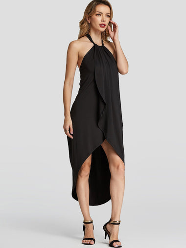 Wholesale Black Self-Tie Design Halter Wrap Irregular Sexy Dress