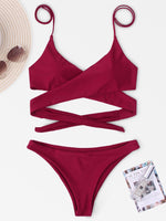 Wholesale V-Neck Crossed Front Backless Lace-Up Partially Lined Tie-Up Sleeveless Bodycon Hem Burgundy Bikini Set
