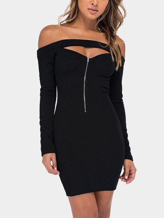 Wholesale Black Off The Shoulder Long Sleeve Plain Sexy Dresses