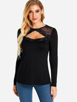 Wholesale Round Neck Plain Lace Cut Out Long Sleeve T-Shirts