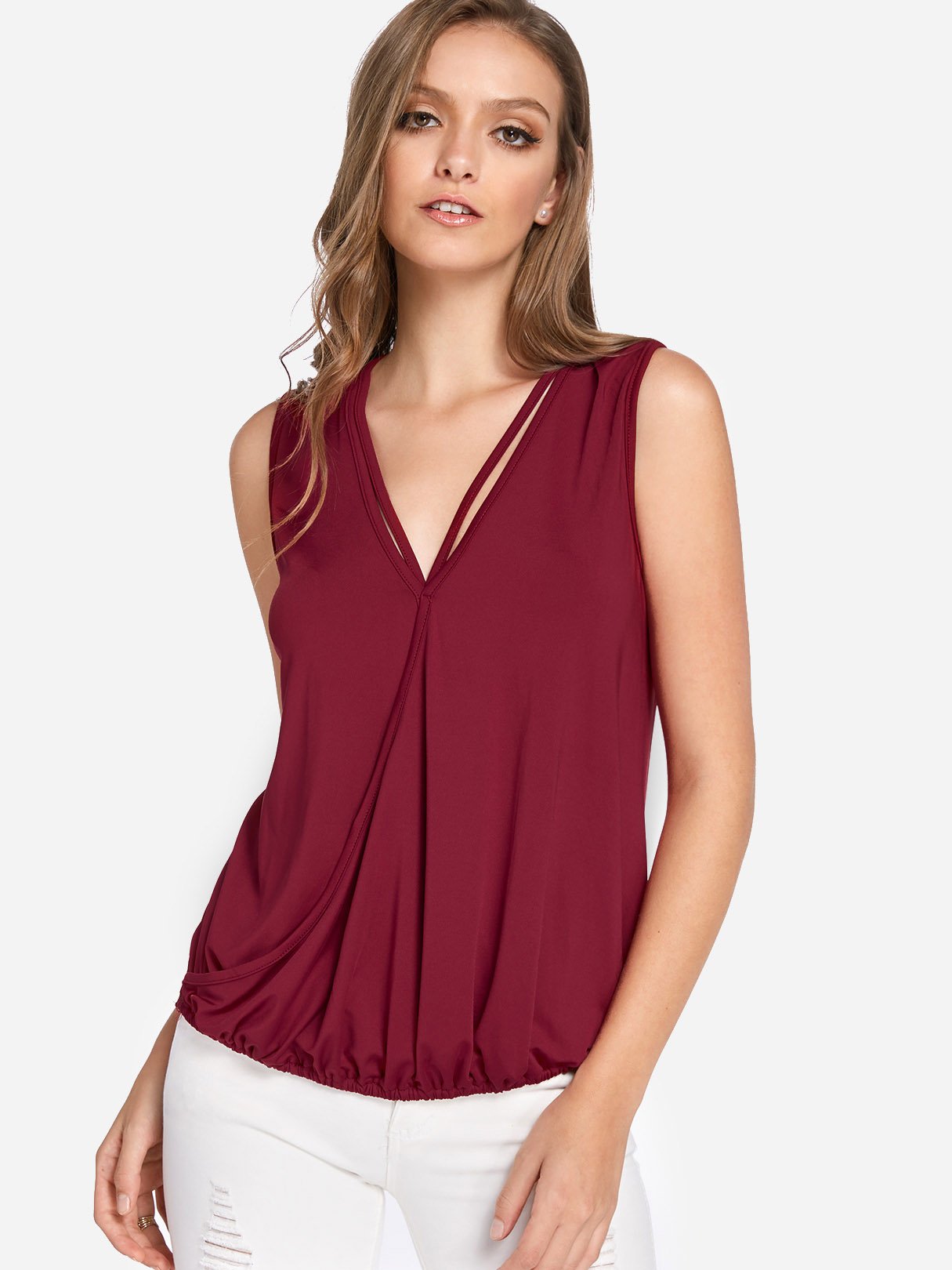 Wholesale V-Neck Plain Crossed Front Spaghetti Strap Sleeveless Burgundy Tank Top