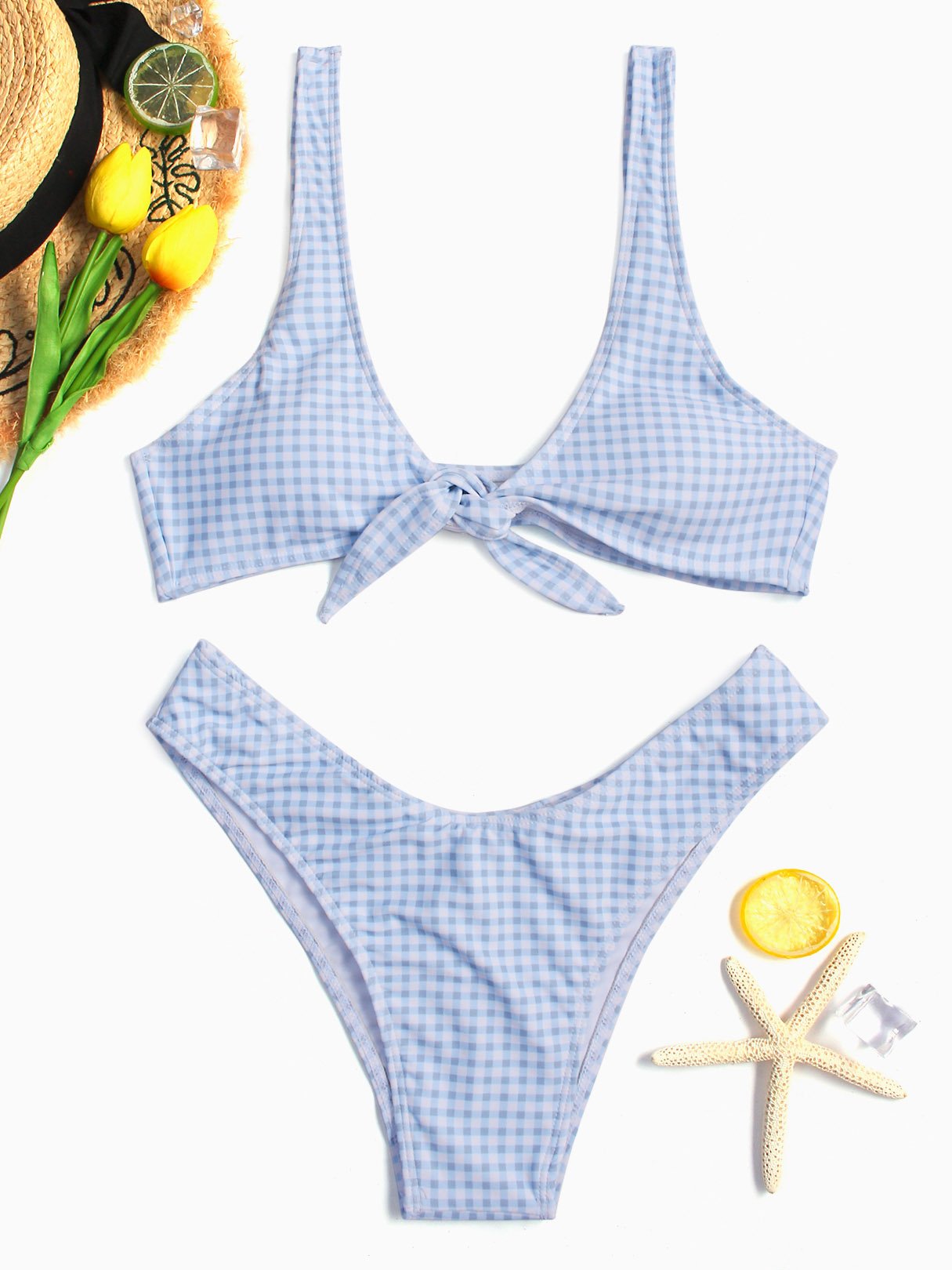 Wholesale Scoop Neck Sleeveless Grid Tie-Up Two Piece Bikinis