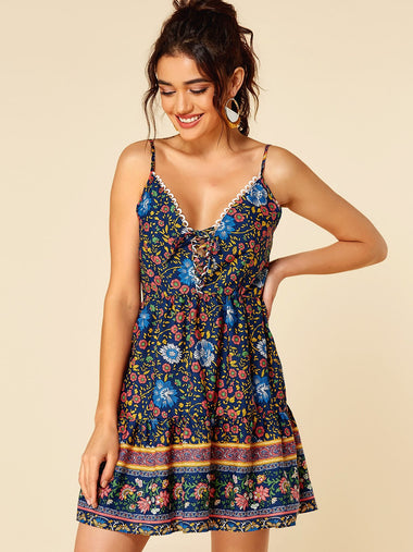 Wholesale Deep V Neck Sleeveless Tribal Print Spaghetti Strap Self-Tie Dresses