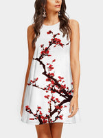 Wholesale White Crew Neck Sleeveless Floral Print Dress