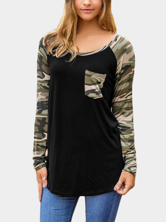 Wholesale Round Neck Camouflage Long Sleeve Black T-Shirt