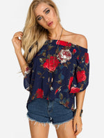 Wholesale Off The Shoulder Floral Print Slit Half Sleeve Blouses