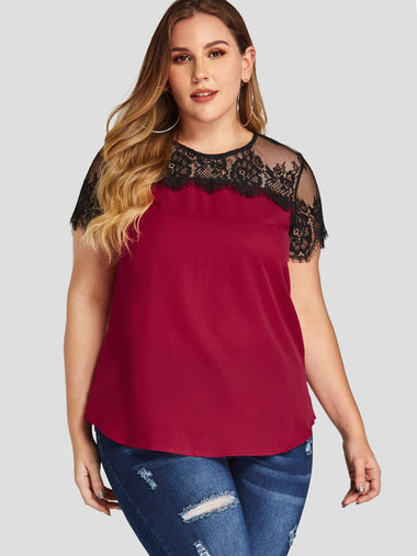 Wholesale Round Neck Lace Short Sleeve Red Plus Size Tops