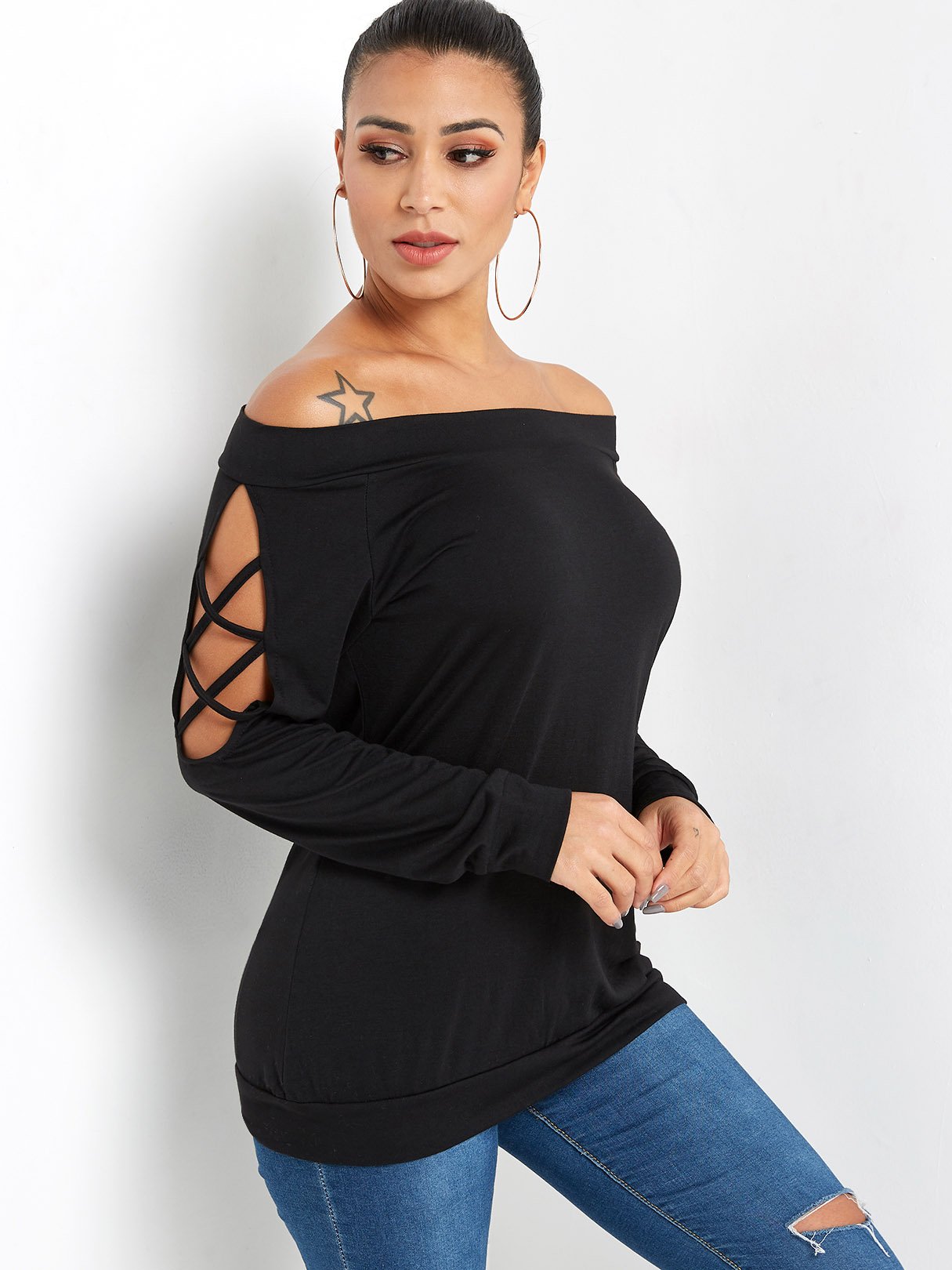 Wholesale Off The Shoulder Plain Hollow Lace-Up Long Sleeve Black T-Shirts