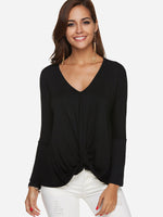 Wholesale V-Neck Plain Crossed Front Long Sleeve Black T-Shirt