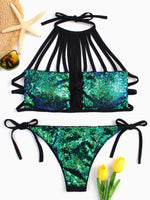 Wholesale Green Halter Sleeveless Plain Backless Lace-Up Cut Out Sequins Embellished Bikinis