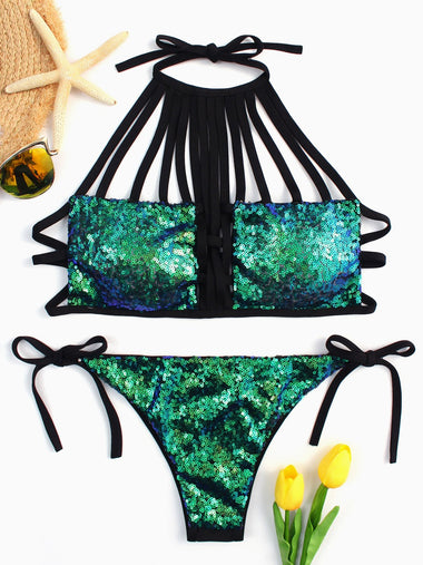 Wholesale Green Halter Sleeveless Plain Backless Lace-Up Cut Out Sequins Embellished Bikinis