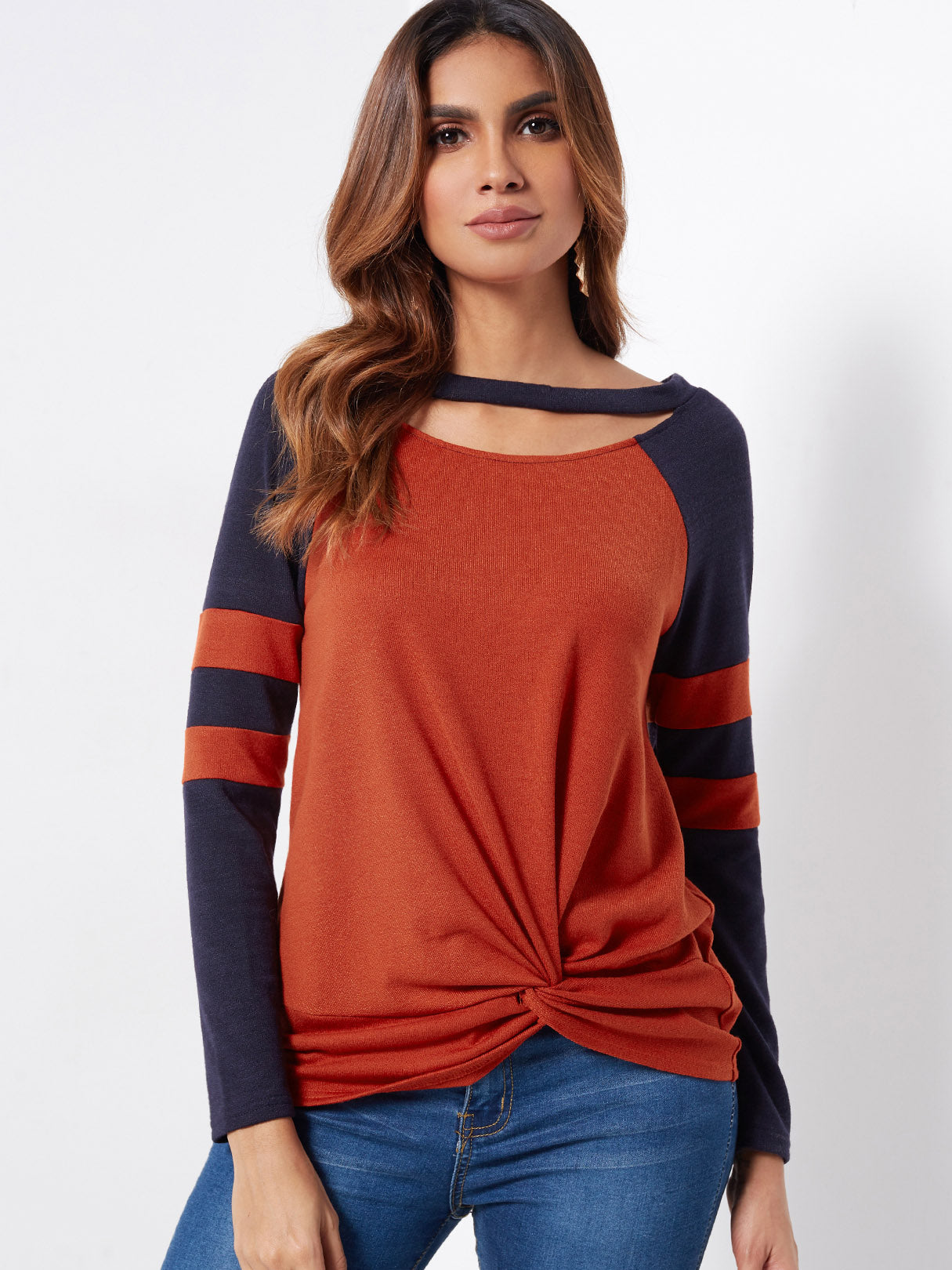 Wholesale Round Neck Stripe Cut Out Long Sleeve Orange T-Shirts
