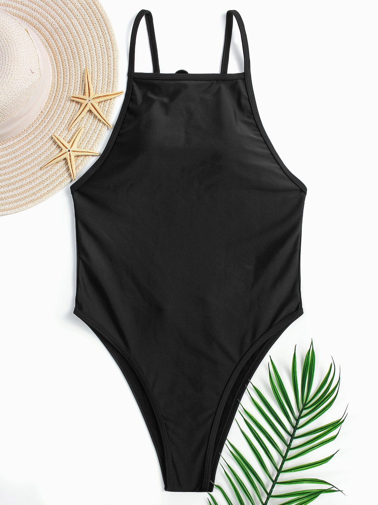 Wholesale Black Halter Sleeveless Plain Cut Out One-Pieces Swimwears
