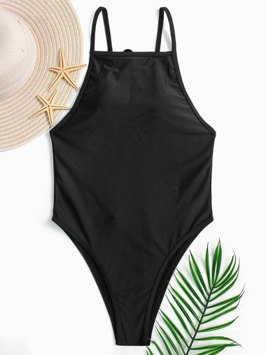 Wholesale Black Halter Sleeveless Plain Cut Out One-Pieces Swimsuits