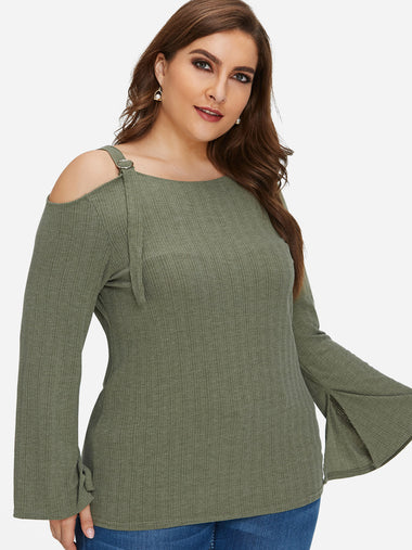 Wholesale One Shoulder Plain Long Sleeve Green Plus Size Tops