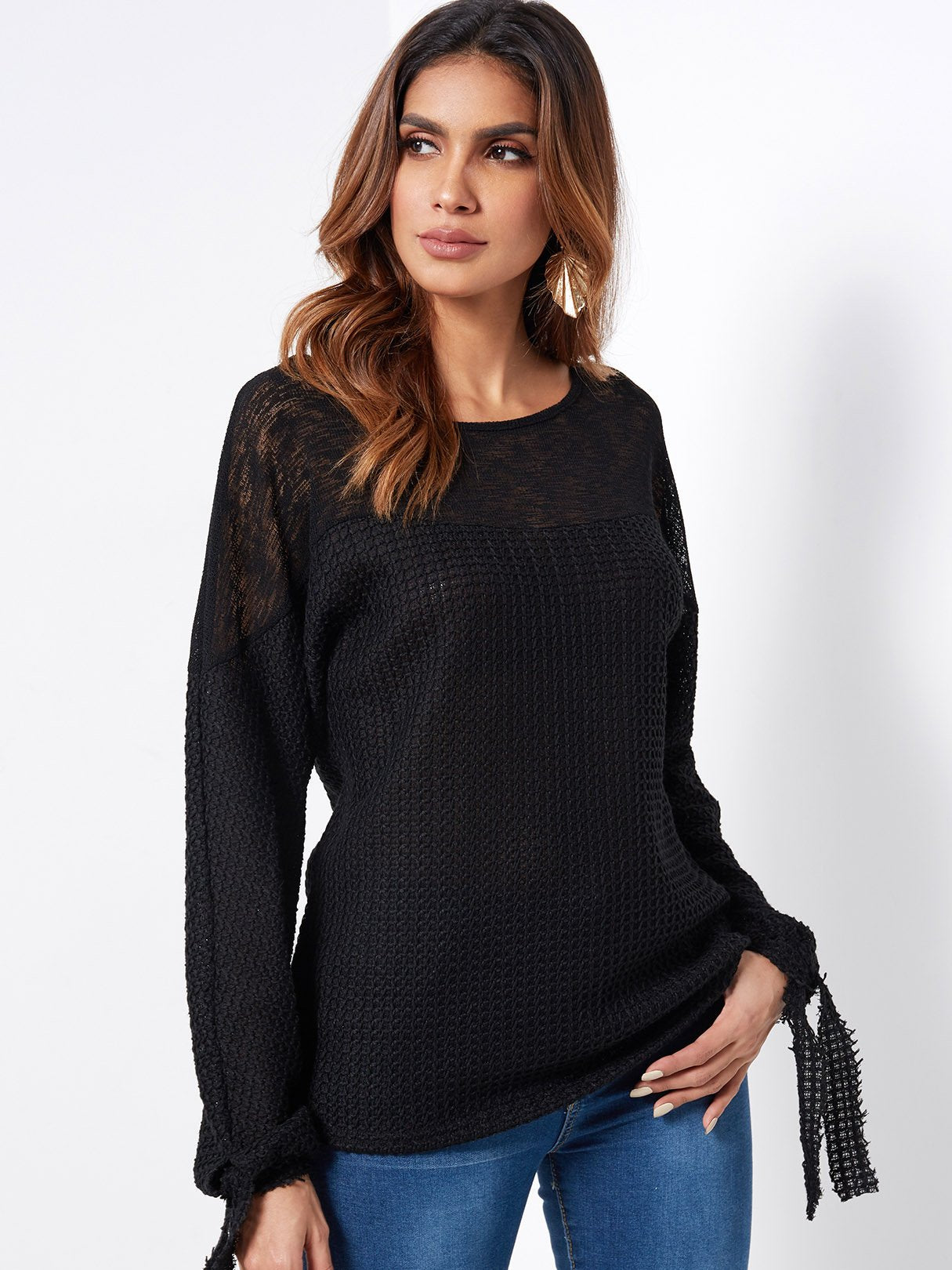 Wholesale Crew Neck Plain Tie-Up Long Sleeve Black T-Shirts