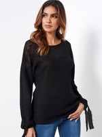 Wholesale Crew Neck Plain Tie-Up Long Sleeve Black T-Shirts