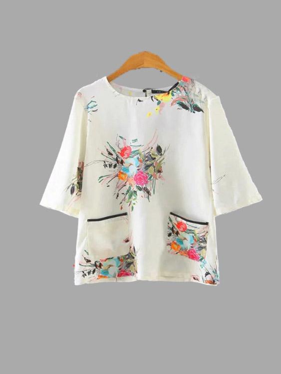 Wholesale Round Neck Floral Print Half Sleeve Slit Hem T-Shirts