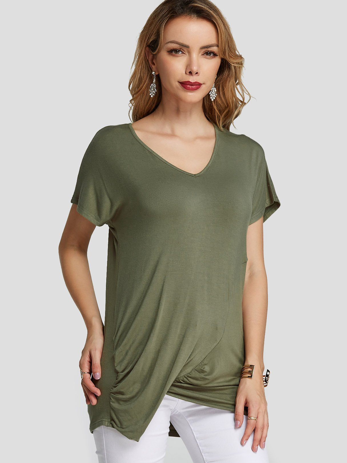 Wholesale V-Neck Pleated Short Sleeve Irregular Hem Army Green T-Shirts