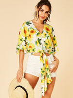Wholesale V-Neck Floral Print Half Sleeve White Crop Top