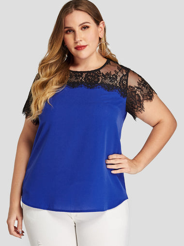 Wholesale Round Neck Lace Short Sleeve Blue Plus Size Tops
