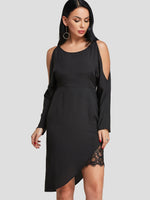 Wholesale Black Round Neck Cold Shoulder Long Sleeve Plain Cut Out Slit Lace Trim Sexy Dresses