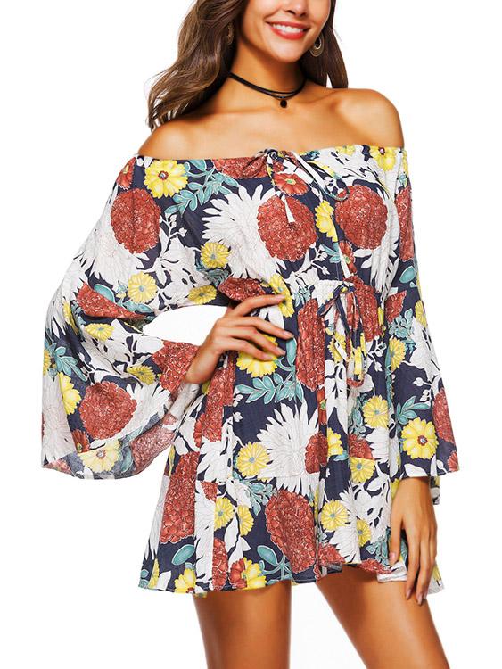 Wholesale Off The Shoulder Floral Print Lace-Up Long Sleeve Dress