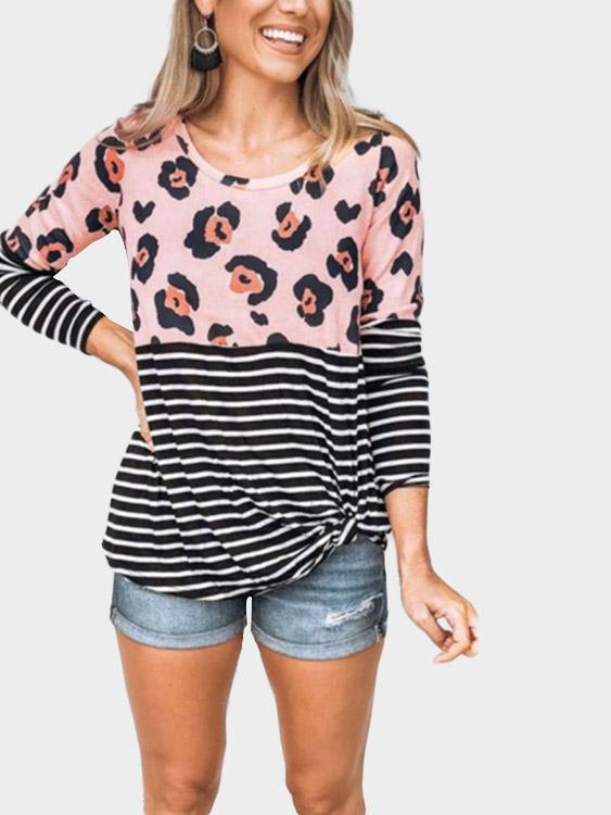 Wholesale Round Neck Stripe Leopard Long Sleeve T-Shirts