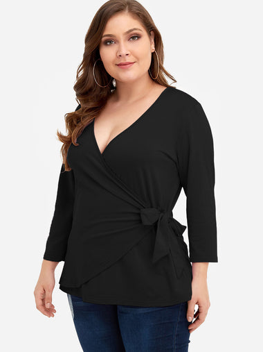 Wholesale V-Neck Plain Self-Tie Wrap Long Sleeve Black Plus Size Tops