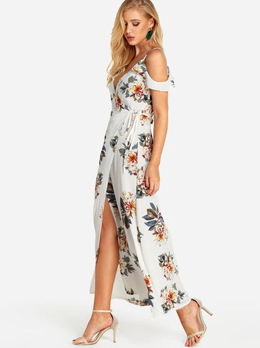 Wholesale White Cold Shoulder Deep V Neck Short Sleeve Floral Print Crossed Front Slit Self-Tie Flounced Hem Dresses