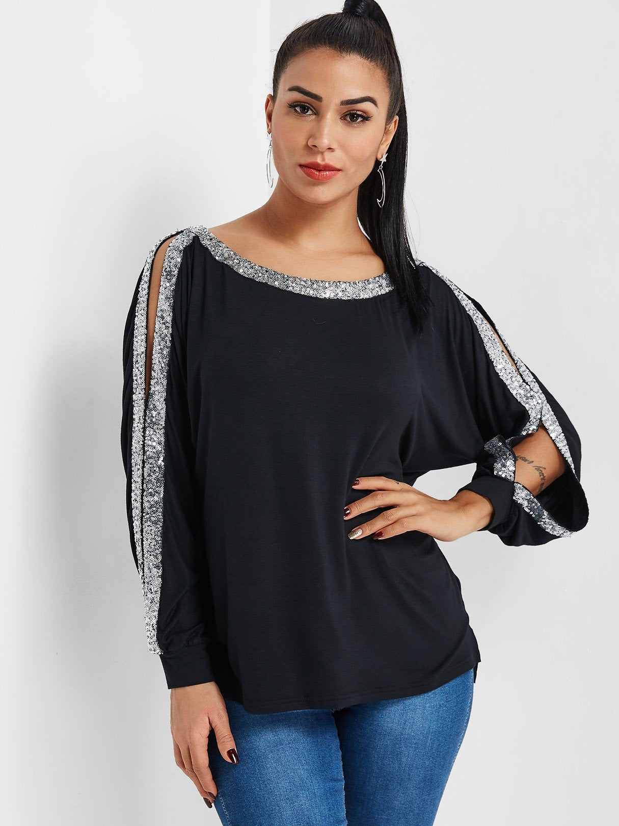Wholesale Round Neck Cut Out Sequins Embellished Long Sleeve Black Top