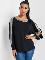 Wholesale Round Neck Cut Out Sequins Embellished Long Sleeve Black Top
