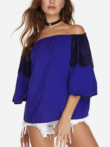 Wholesale Off The Shoulder Lace Half Sleeve Blue Blouses