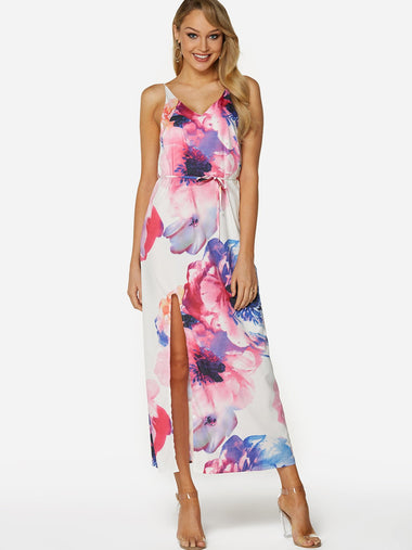 Wholesale White V-Neck Sleeveless Printed Backless Lace-Up Slit Hem Dresses