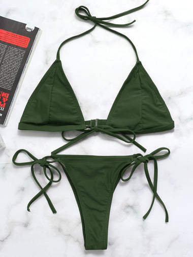Wholesale Green V-Neck Plain Tie-Up High-Waisted Two Piece Bikinis