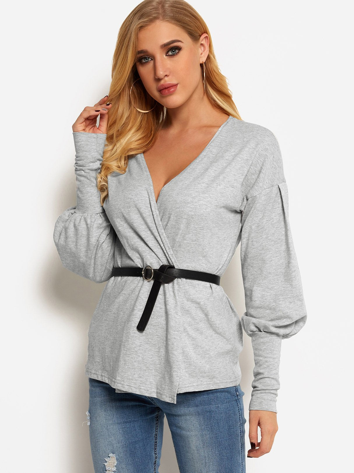 Wholesale V-Neck Plain Crossed Front Long Sleeve Grey T-Shirts