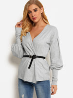 Wholesale V-Neck Plain Crossed Front Long Sleeve Grey T-Shirts