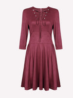 Wholesale V-Neck Lace-Up 3/4 Length Sleeve Plum High Waist Casual Dresses