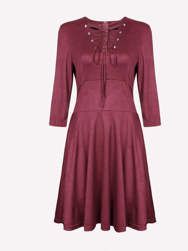 Wholesale V-Neck Lace-Up 3/4 Length Sleeve Plum High Waist Casual Dresses