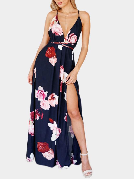 Wholesale V-Neck Sleeveless Backless Slit Hem Dresses