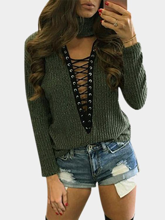 Wholesale V-Neck High Neck Long Sleeve Army Green Top