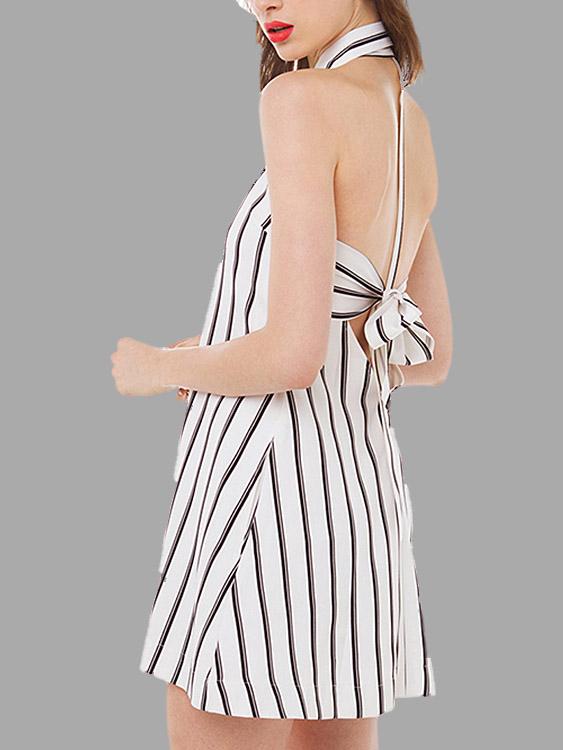 Wholesale Stripe Patter Halter Neck Backless Lace-Up Dresses
