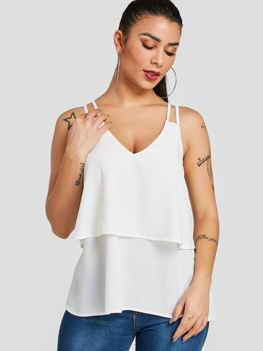 Wholesale V-Neck Tiered Spaghetti Strap Sleeveless White Camis
